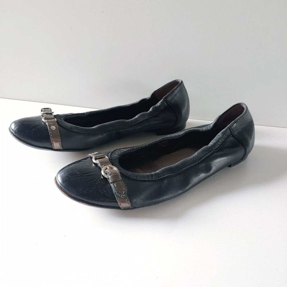 AGL Toe Cap Leather Ballet Black Flats Size 38 Round Toe Buckle Office Classic
